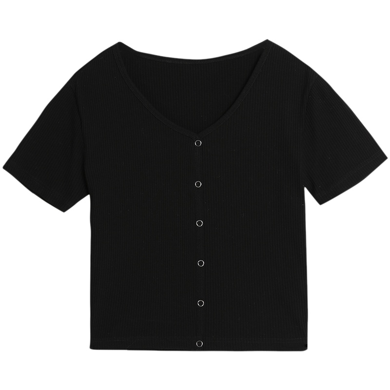 三彩2020夏季新款V领短款打底衫棉弹修身套头T恤衫上衣