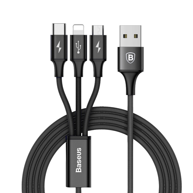 倍思(Baseus)数据线一拖三 手机安卓+苹果+Type-C 三合一接口 1.2M 黑色 一拖三通用电源线 车充 线