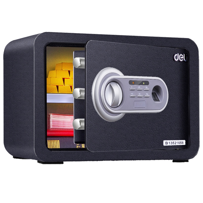 得力(deli)33473指纹+电子密码指纹保管箱(黑色) 高25cm双保险办公家用防盗小型隐形保险及保管箱柜