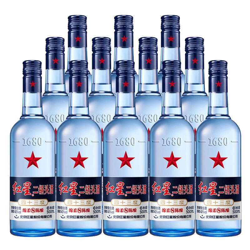 红星二锅头酒 绵柔8陈酿/纯粮 43度 500ml*12 整箱装白酒(新老包装随机发货)