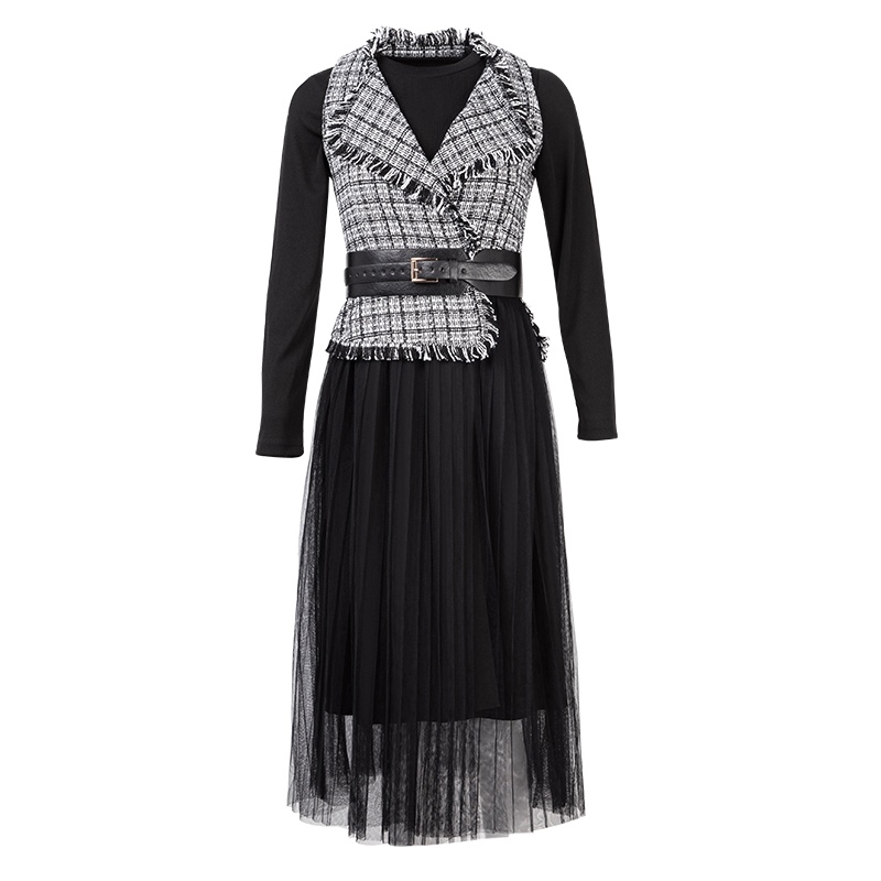 晚白 2020春季新品个性两件套裙T恤裙打底裙格子连衣裙时尚套装女