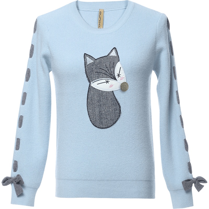 欧昵雪秋冬圆领卡通狐狸蝴蝶结毛衣女套头短款修身针织衫