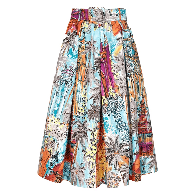 ERDOS 丝棉包边腰带收腰百褶伞裙印花休闲半身裙