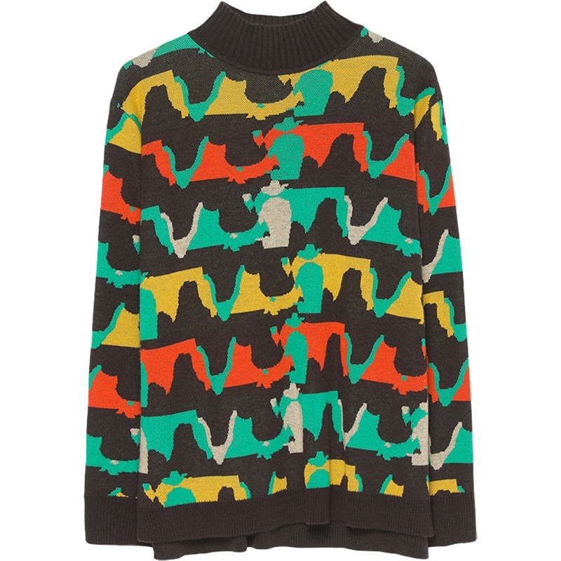 恒源祥迷彩毛衣女套头春新款彩色几何图案撞色提花针织衫外穿