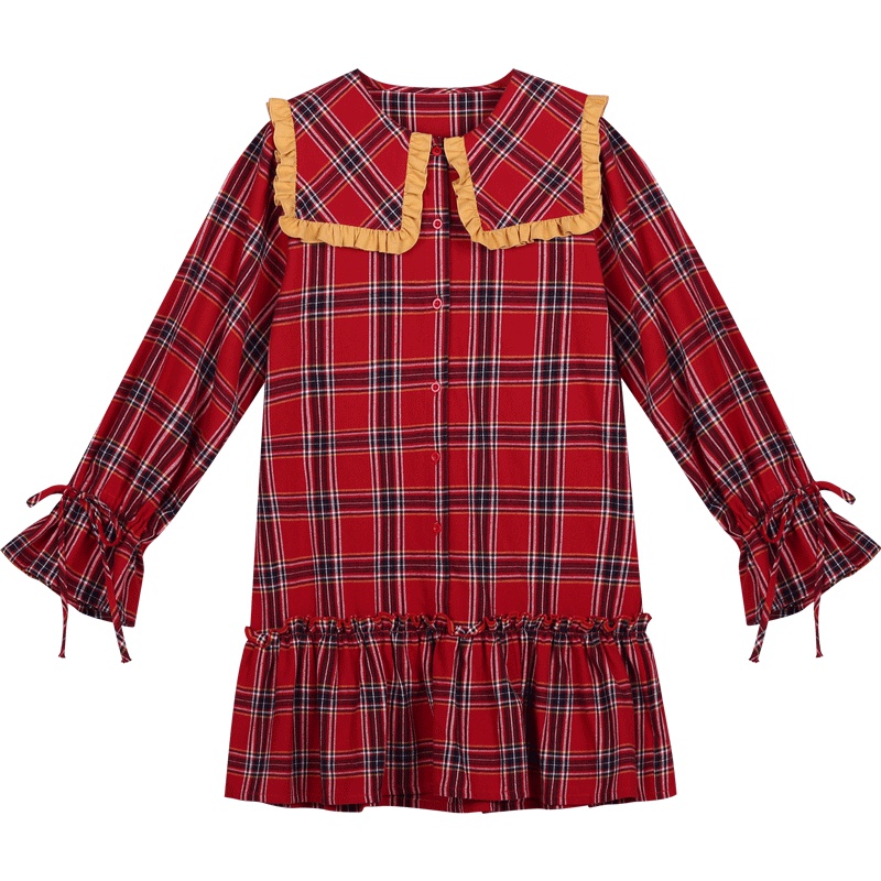 egg裙法式设计感娃娃领复古格子裙2019新款连衣裙女小个子衬衫裙