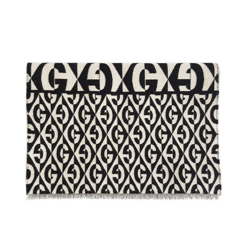 [正品二手99新]古驰(GUCCI)围巾 黑白色G 菱形提花披肩 595720 91%羊毛,9%棉 含盒