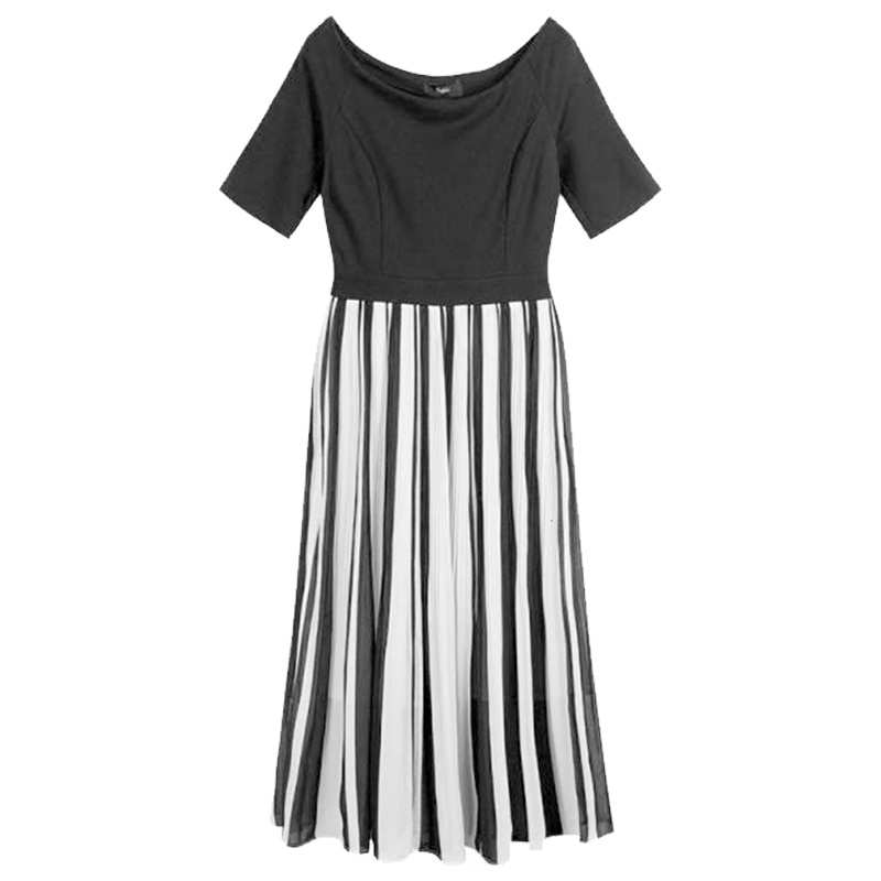 【热卖】裙子女春季新款时尚撞色假两件一字领短袖条纹百褶中长连衣裙30081110