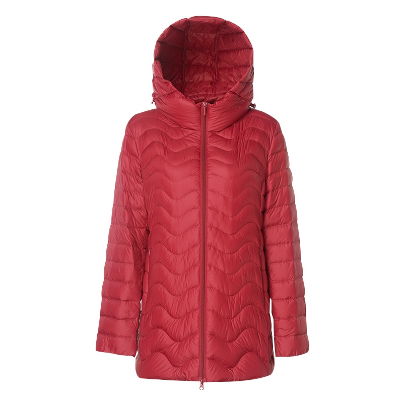 千仞岗新款羽绒服女轻薄抽绳连帽螺纹松紧袖口妈妈装
