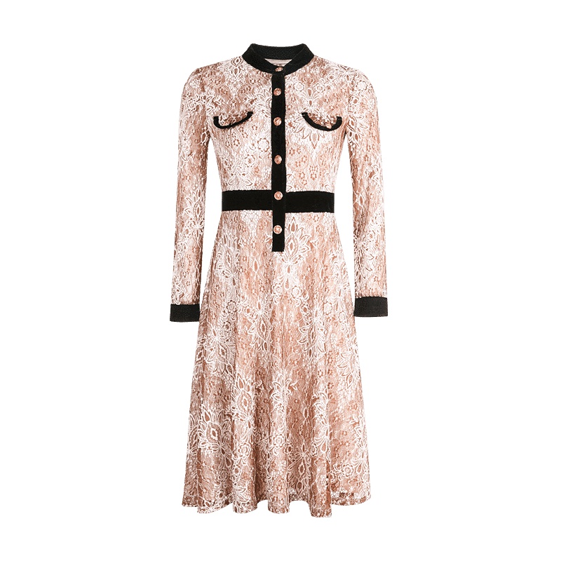 晚白女裙装2019春季新款修身立领单排扣收腰显瘦A摆中长款蕾丝连衣裙