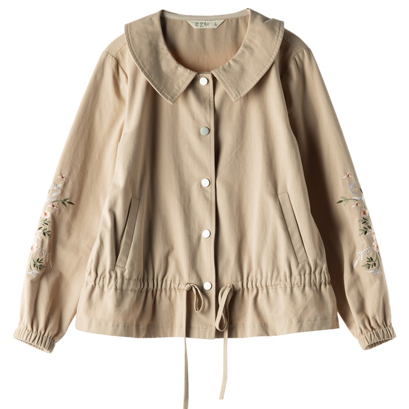 芊艺休闲宽松短款风衣女春秋2019新款韩版原宿风娃娃领长袖夹克外套10722