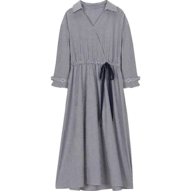 爱居兔春装2019女装 收腰条纹长款连衣裙