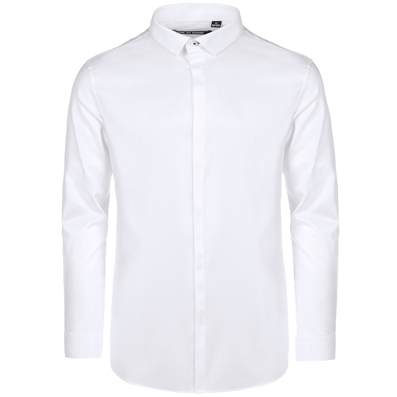 依文白衬衫男长袖秋季纯色斜纹小方领纯棉男士正装白衬衣EC770630