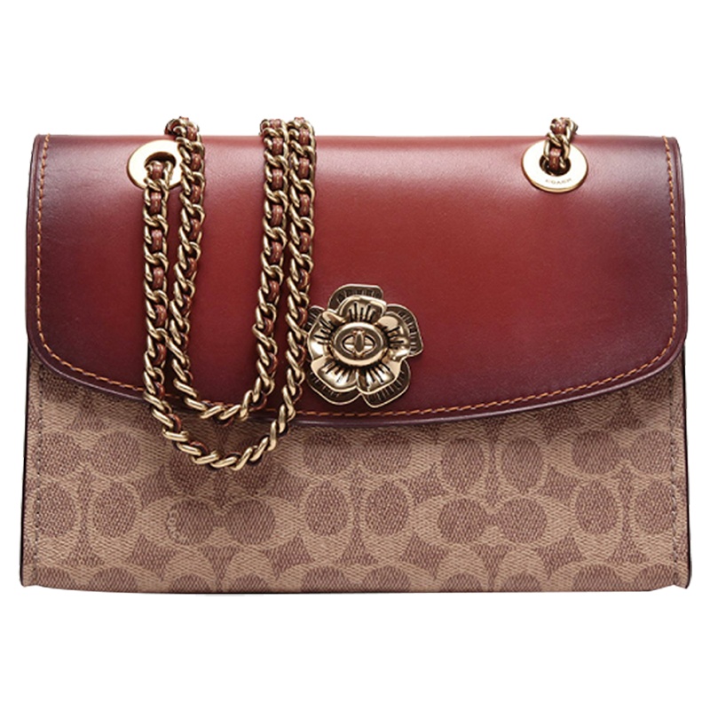 COACH 蔻驰 奢侈品 女士专柜款山茶花PARKER系列棕色卡其拼色人造革配皮单肩斜挎包 30585 B4/RU 棕色