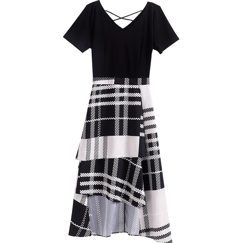 OSA欧莎黑色假两件连衣裙女2019新款夏v领露背裙子不规则格子薄款