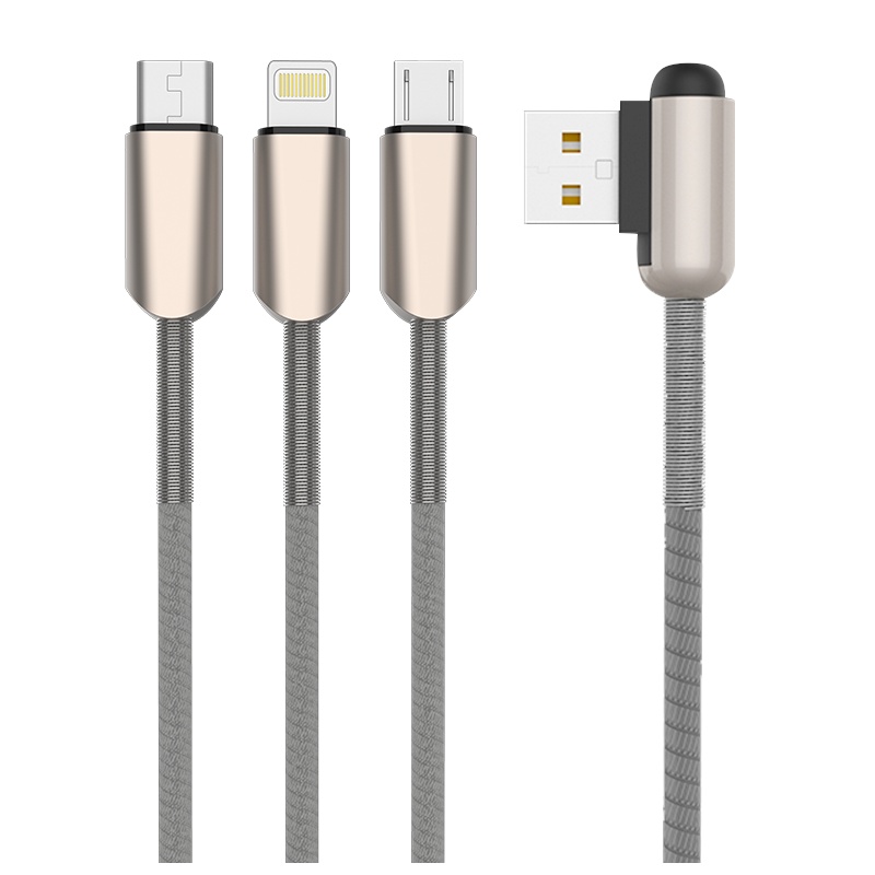 ASPOR一拖三数据线 AC-22 90°弯头防缠绕 2.4A快充数据线安卓苹果TypeC接口适用安全稳定耐用