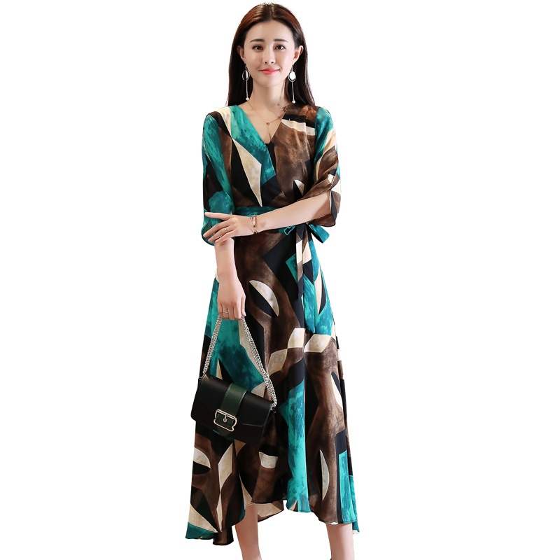 丝柏舍2019秋装女装印花收腰连衣裙（有本布腰带）
