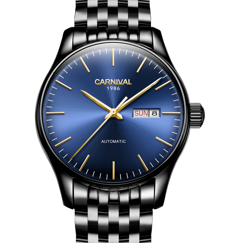 瑞士嘉年华Carnival新款男手表薄款全自动机械表 男士全黑精钢男表真皮防水休闲腕表简约时尚手表8612G薄款