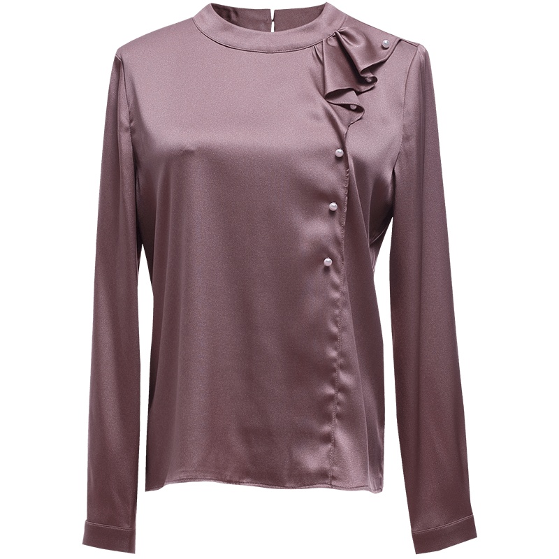 欧昵雪圆领拼接荷叶边显瘦长袖小衫女洋气小众上衣