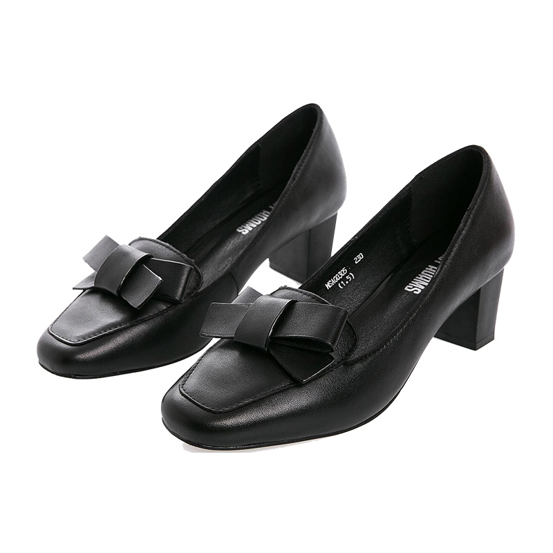 欧美极简风一脚蹬浅口方头中跟通勤女单鞋