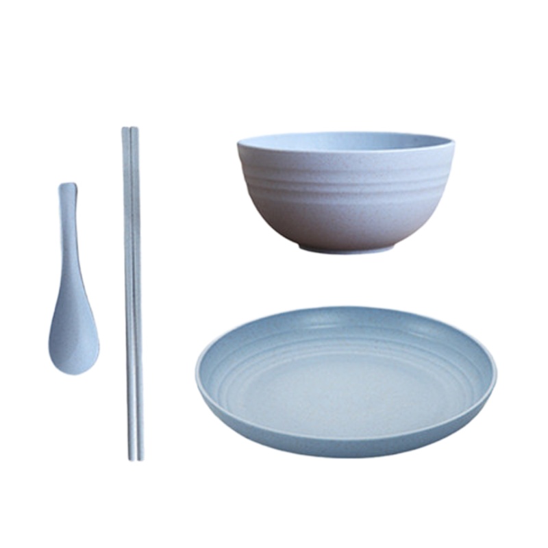 日式小麦秸秆餐具碗筷碗碟套装单人吃饭盘子碗家用组合可爱防摔碗 国泰家和 北欧蓝 大碗+勺筷+大盘