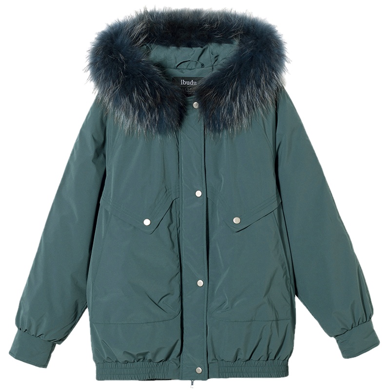 伊布都ibudu2019冬季新款大毛领连帽白鸭绒宽松温暖羽绒服大衣女