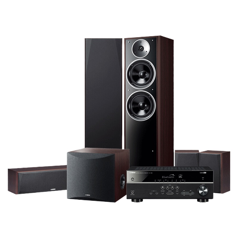 雅马哈 NS-F71+NS-SW050+RX-V385家用客厅木质落地家庭影院音响5.1音箱七件套装 胡桃木色