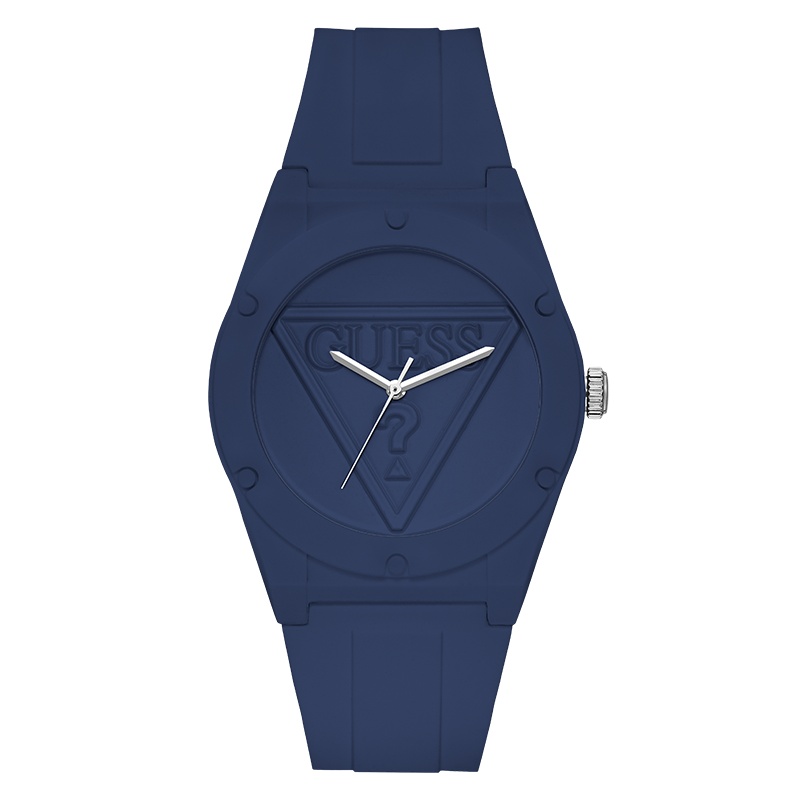 GUESS倒三角LOGO浮雕深蓝色石英硅胶腕表W0979L4