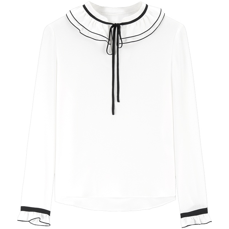 爱居兔春装2019女装时尚白色镶拼系带轻薄长袖梭织上衣