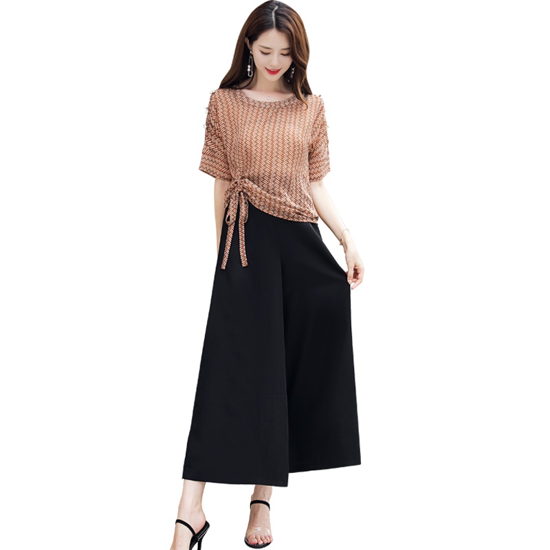 丝柏舍2020夏装女圆领五分袖上衣搭纯色阔腿裤套装S82R1713N