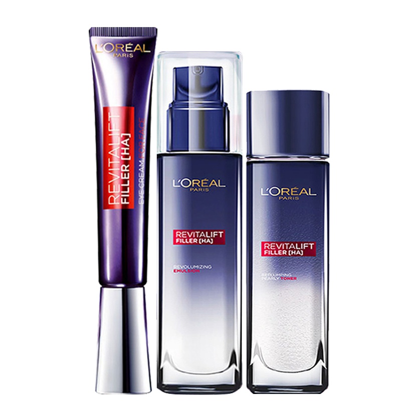 欧莱雅复颜玻尿酸水光充盈全脸淡纹眼霜30ml+乳液50ml+晶露65ml三件套装礼盒