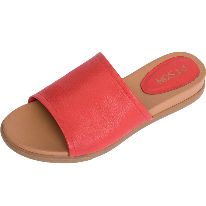 百田森2020夏季商场同款真皮加厚平底拖鞋女外穿舒适休闲一字型拖