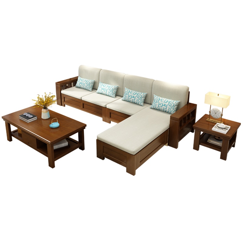 沙发 实木沙发 现代新中式布艺沙发组合 L型客厅大小户型木质转角橡胶木沙发S808#