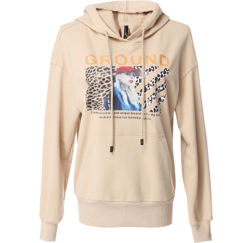 欧昵雪秋装休闲抽绳连帽纯棉套头卫衣女长袖人像印花上衣