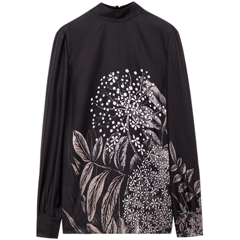 ERDOS 新款女士半高领衬衫桑蚕丝印花宽松百搭上衣后背系带