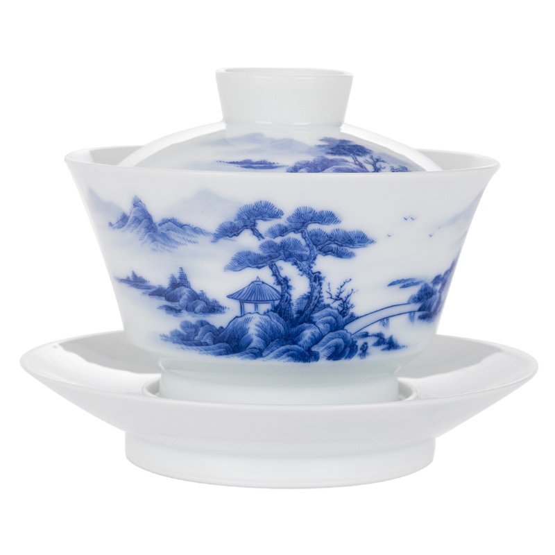景德镇手工陶瓷青花三才盖碗大号白瓷单个泡茶杯功夫茶具