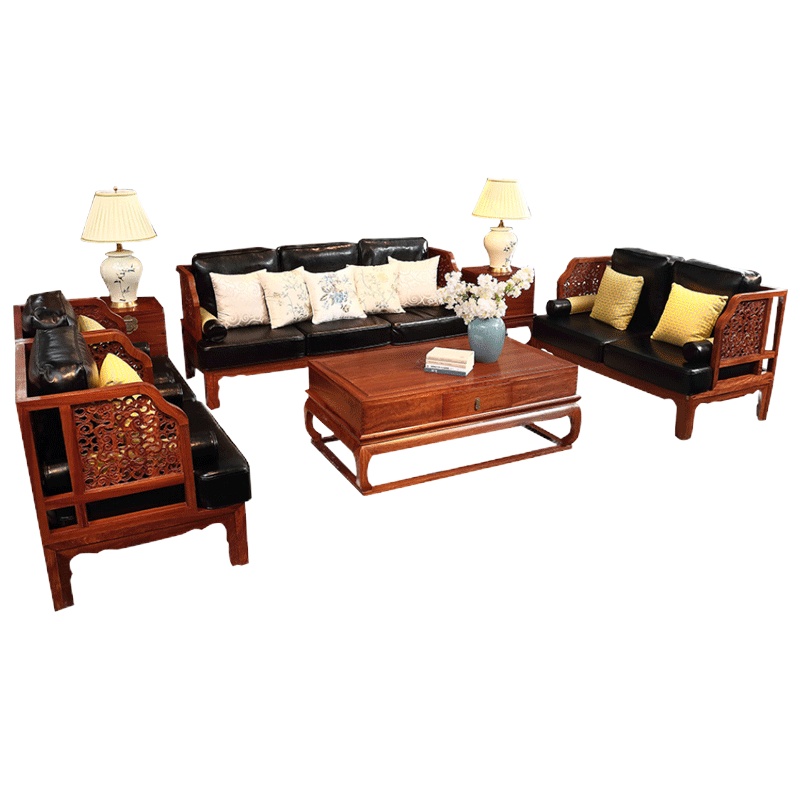 周家庄红木家具非洲花梨(学名:刺猬紫檀)沙发实木沙发仿古客厅组合新中式软体皮沙发 1123沙发七件套