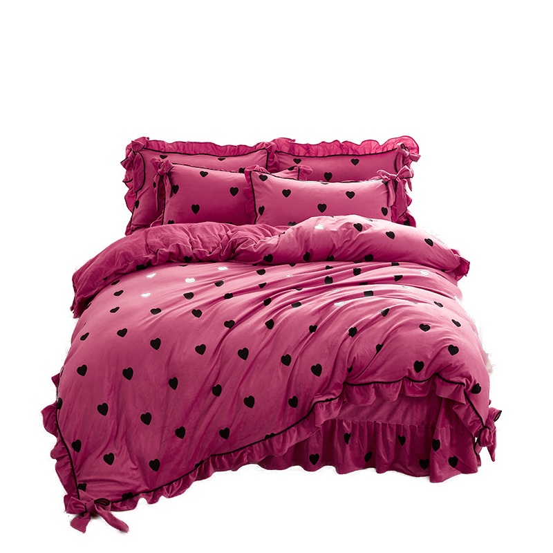 吉岳Giyou韩版蝴蝶结床裙款四件套水晶绒保暖舒适睡眠