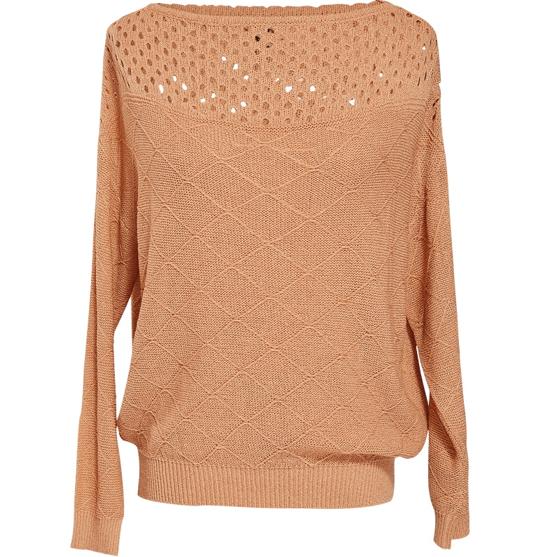 欧昵雪镂空一字领显瘦针织衫上衣女长袖套头宽松毛衣