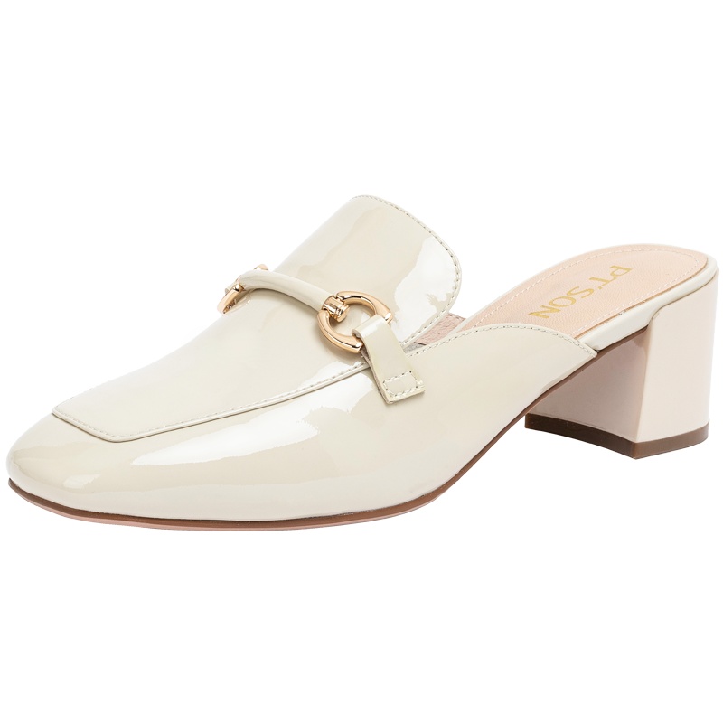 百田森2021新款漆皮穆勒鞋包头半拖鞋女粗跟真皮高跟一脚蹬懒人鞋