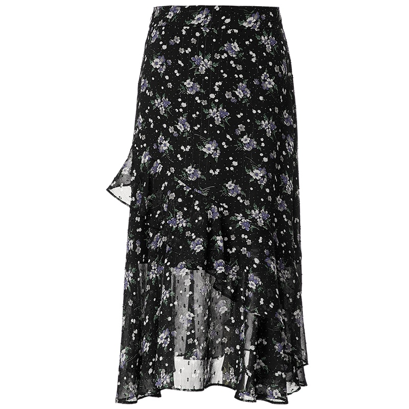 欧昵雪高腰修身显瘦碎花荷叶边雪纺半身裙女黑色中裙