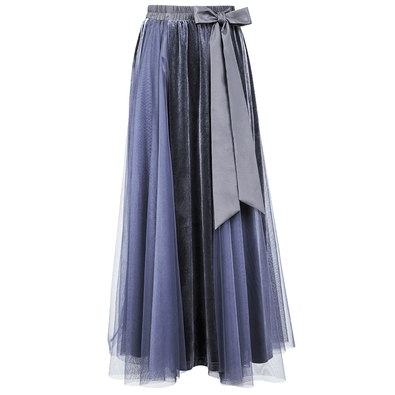 晚白2019秋季新品时尚百搭系带高腰长款大摆百褶拖地裙半身裙女