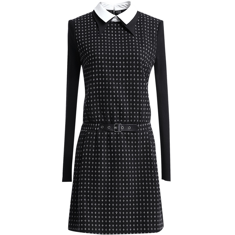 欧昵雪秋冬Polo领针织长袖拼接高腰点点毛呢连衣裙女短裙