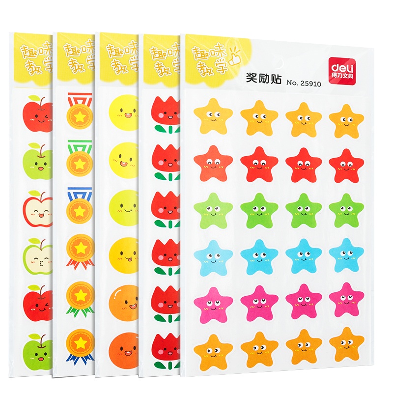 得力deli25910贴纸5袋共25张奖状贴儿童学生文具用品卡通奖励贴8种教师家长鼓励语教学用品不干胶易撕取[苏宁自营]