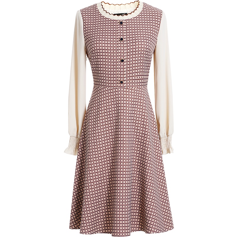 OUNIXUE欧昵雪 | [摩登格纹A字裙]春秋复古波浪型罗纹领撞料纽扣连衣裙女