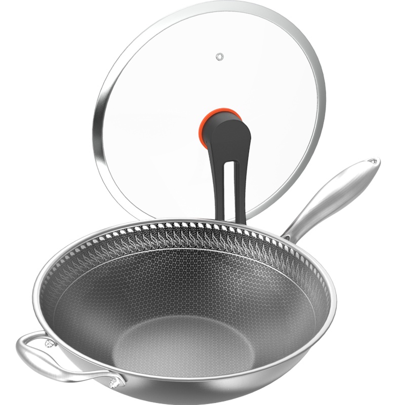 英国EWIWE 316不锈钢炒锅不粘锅蜂窝不粘平底炒菜锅少油烟可铁铲翻炒电磁炉煤燃气通用锅可视立盖LV3C34Z