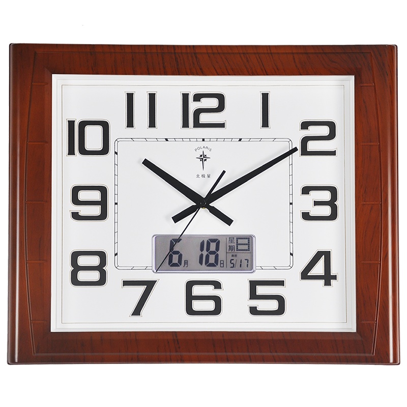 北极星(POLARIS)石英钟钟表挂钟客厅静音时尚大气挂表卧室简约家用装饰表办公室日历新中式大尺寸个性木纹长方形壁钟