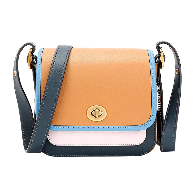 蔻驰 COACH 女士专柜款皮革单肩斜挎包棕绿拼色迷你