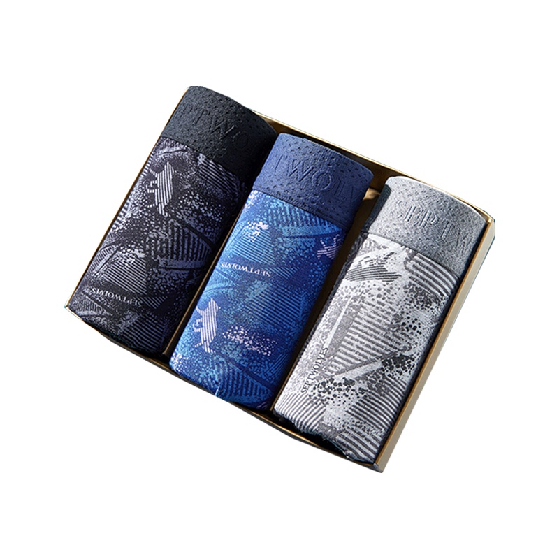 七匹狼 3条装明筋印花兰精粘纤印花中腰平角裤男士内裤男