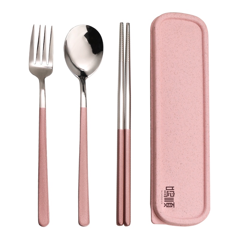 鸣順(Mingshun)韩式家用304不锈钢便携餐具筷勺叉子套装三件套学生可爱筷盒 粉色