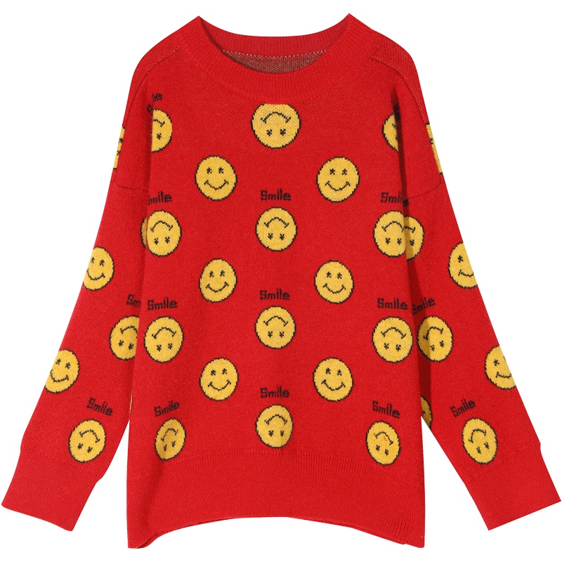妖精的口袋笑脸圆领套头毛衣2019秋冬季新款女宽松外穿ins针织衫